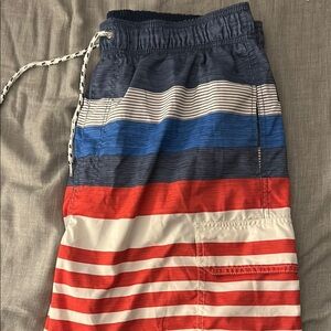 Striped Swim Shorts in Red, Blue, and White